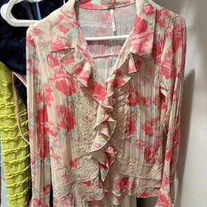 Free People Ruffle Floral Lace Blouse